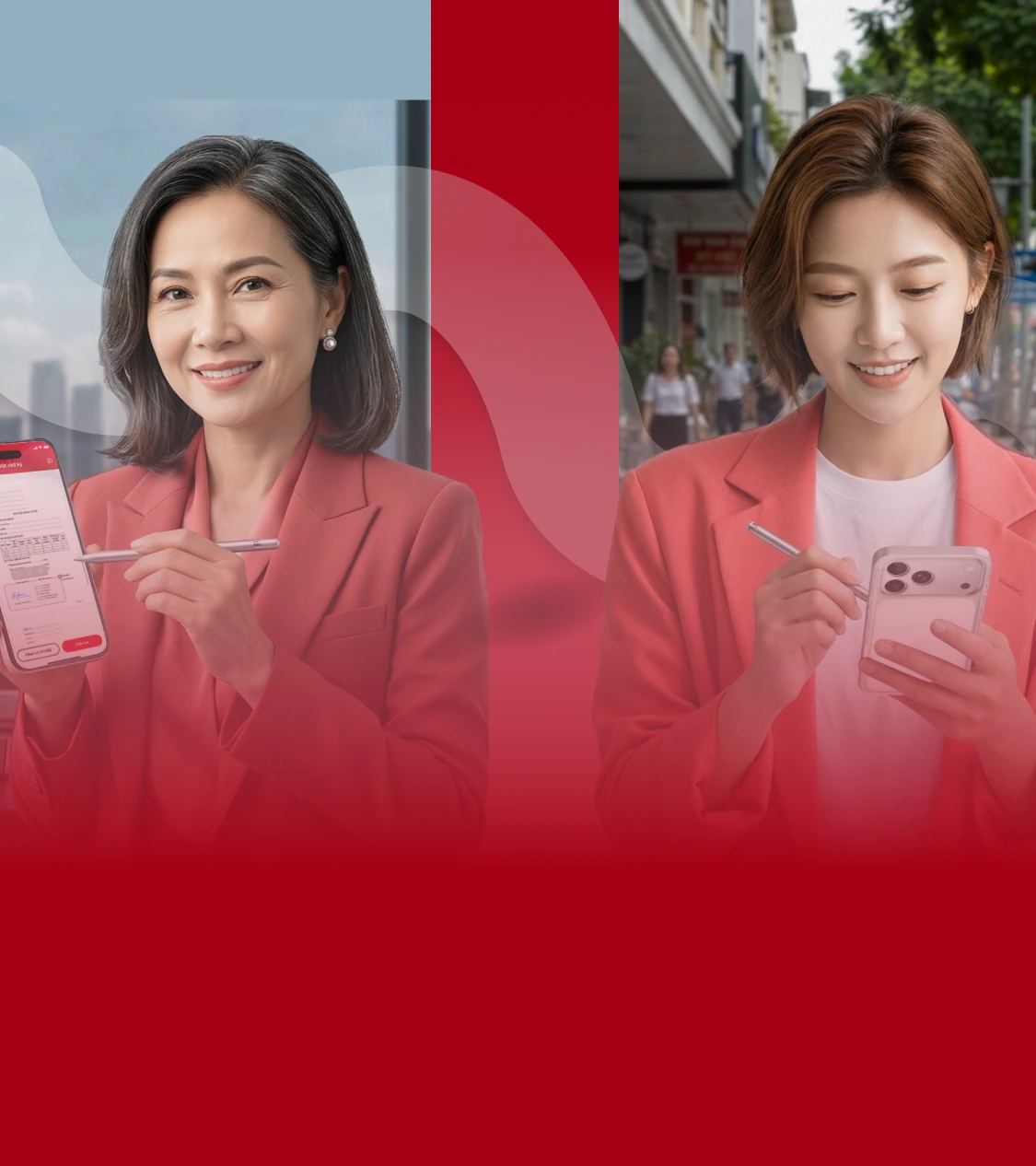 Hero background featuring two women and split color layout