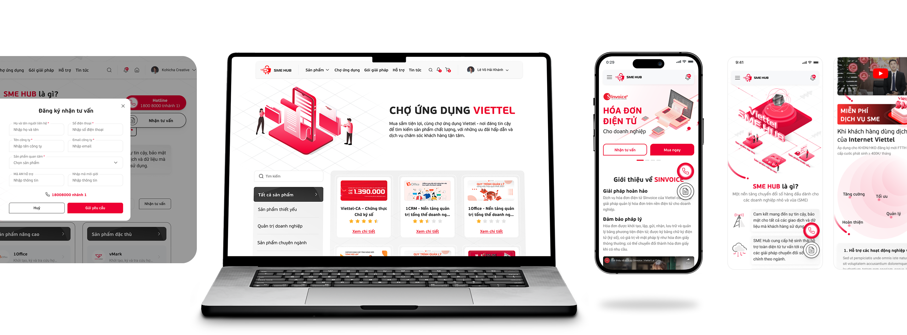 SMEHub website on laptop and app screens on multiple smartphones showcase